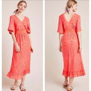 Farm Rio Anthropologie Maxi‎ Dress Womens L Coral Lace Boho Tropical Whimsigoth